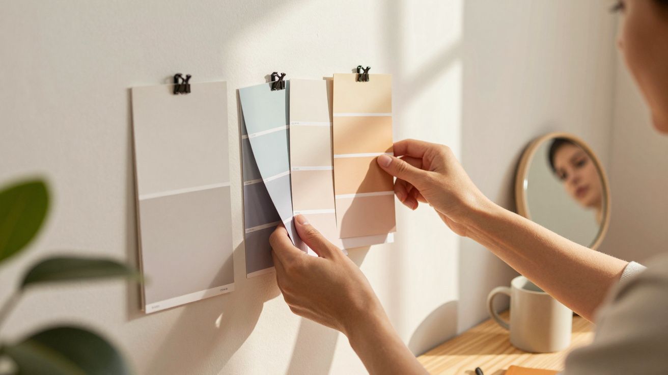 Person wählt Farbkarte an einer Wand, im Hintergrund Spiegel und Kaffeetasse auf Holzoberfläche.