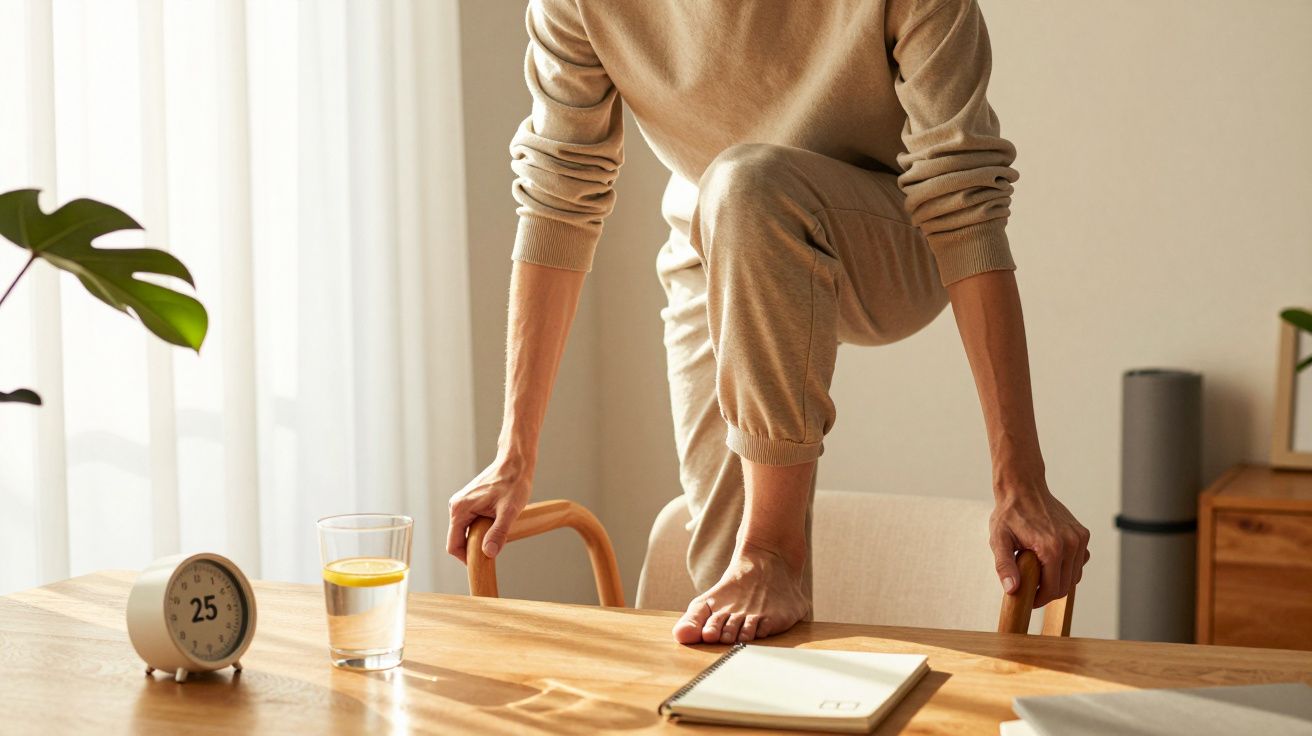 Person steht auf einem Stuhl und Tisch, neben einem Glas Wasser und einem Notizblock im hellen Raum.