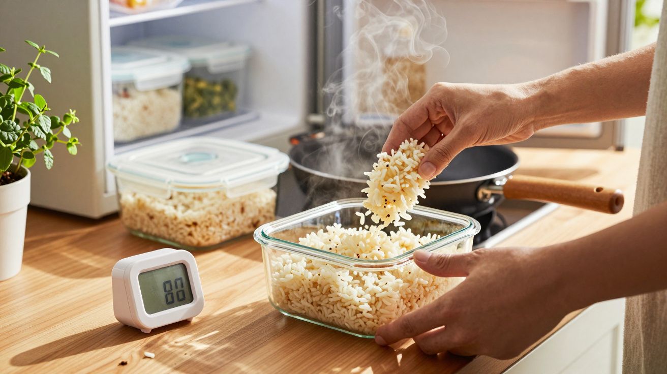 Person füllt dampfenden Reis in einen Glasbehälter, daneben eine Stoppuhr und ein Topf auf der Arbeitsplatte.