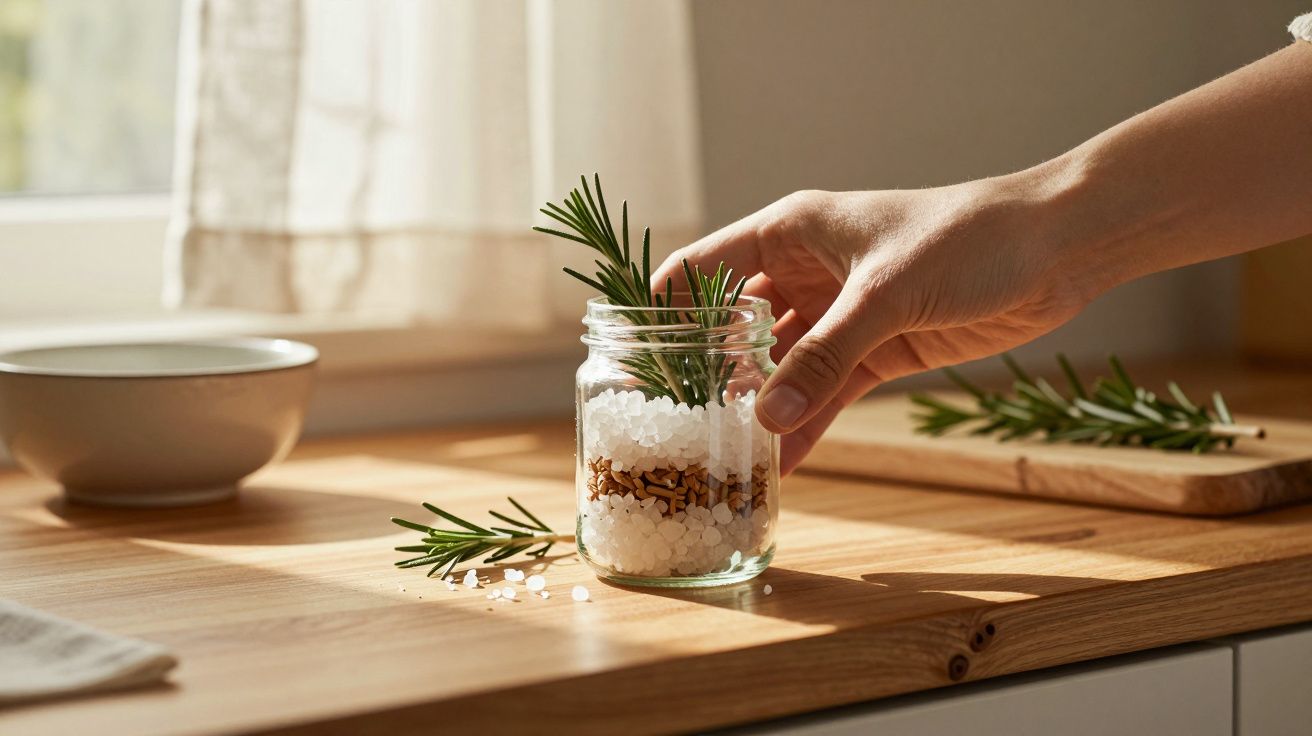 Hand greift nach Glas mit Meersalz und Rosmarin auf Holzarbeitsfläche, Kräuterzweig daneben.