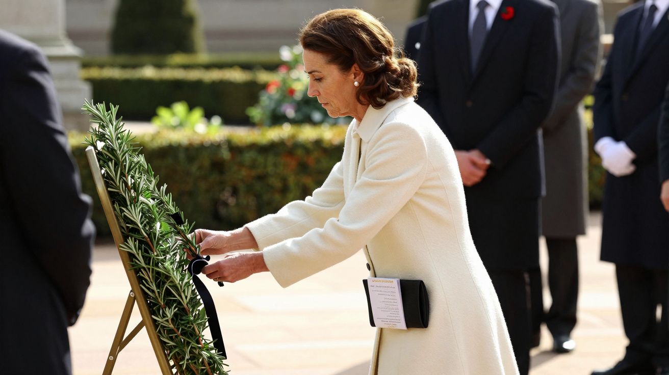 Frau in weißem Mantel legt Kranz nieder, umgeben von Menschen in formeller Kleidung, im Freien bei einer Zeremonie.
