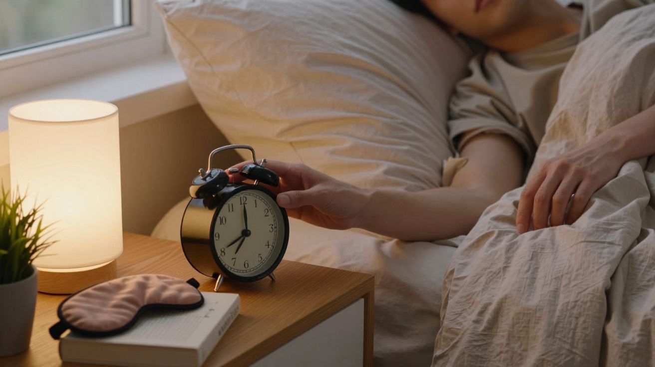Eine Person im Bett greift nach einem Wecker auf einem Nachttisch neben einer Nachttischlampe und einer Schlafmaske.