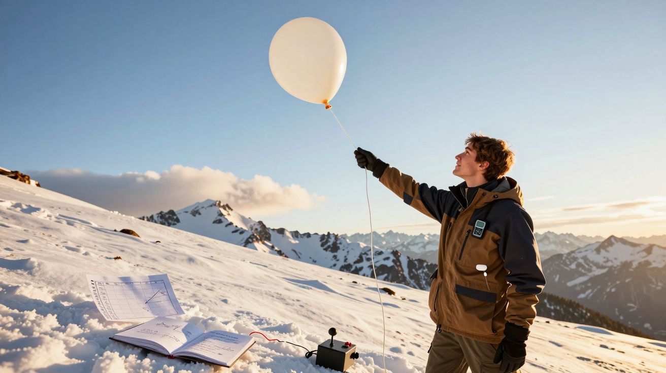 Ein Mann hält einen Wetterballon im verschneiten Gebirge, daneben liegen ein offenes Notizbuch und ein Messgerät im Schnee.