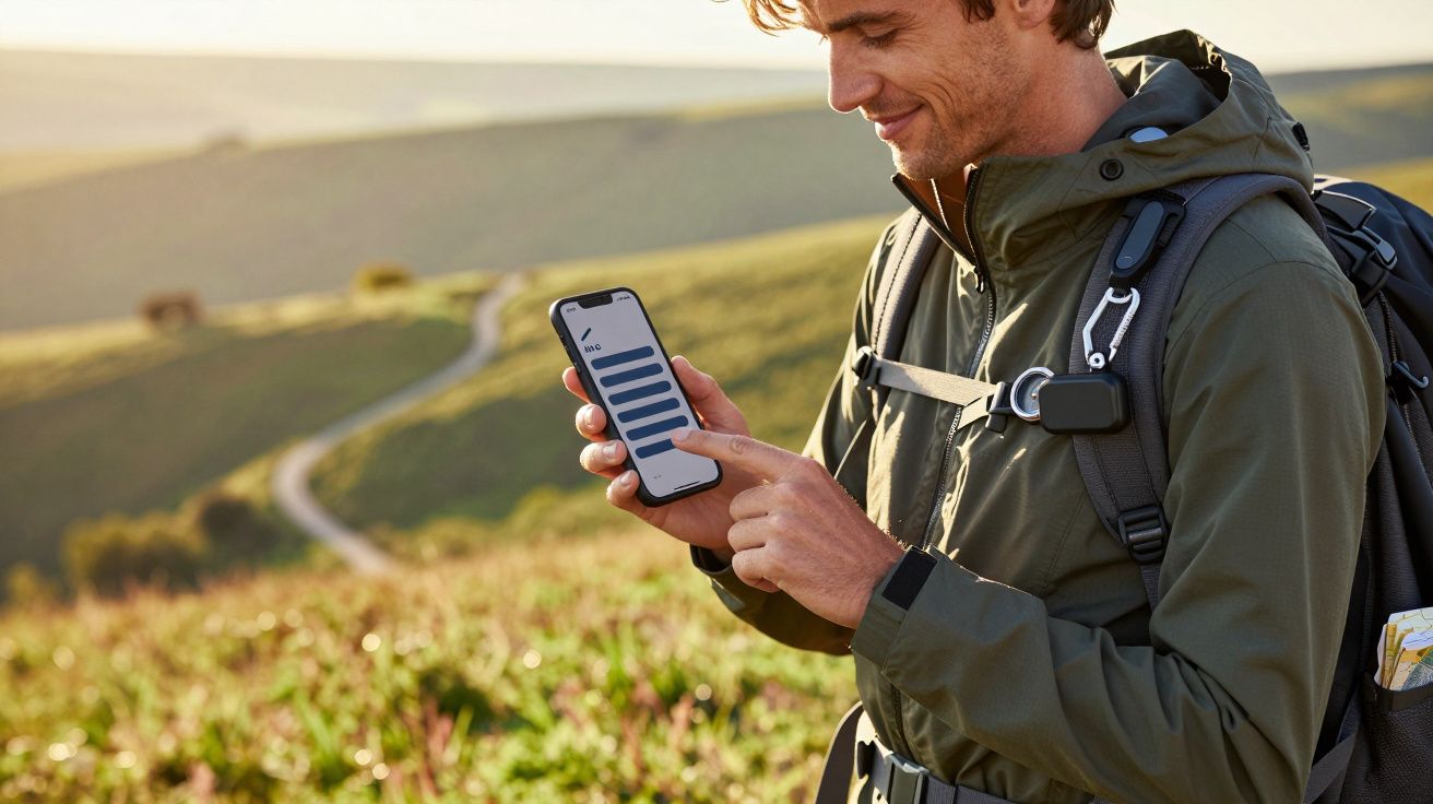 Mann in Outdoor-Kleidung bedient Smartphone auf einer grünen Wiese mit Hügeln im Hintergrund.