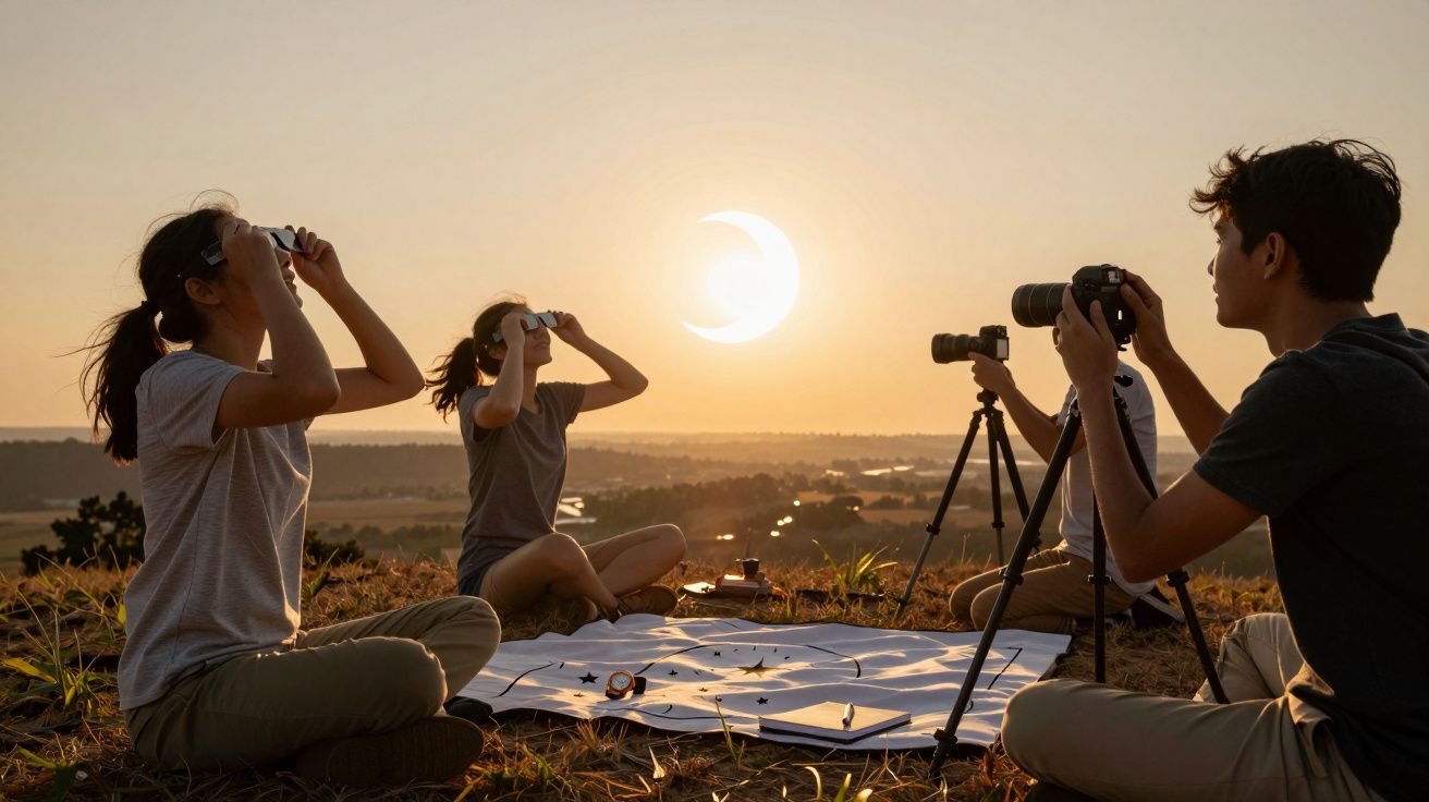 Gruppe von vier Personen beobachtet Sonnenfinsternis auf Hügel bei Sonnenuntergang, eine Kamera auf Stativ.