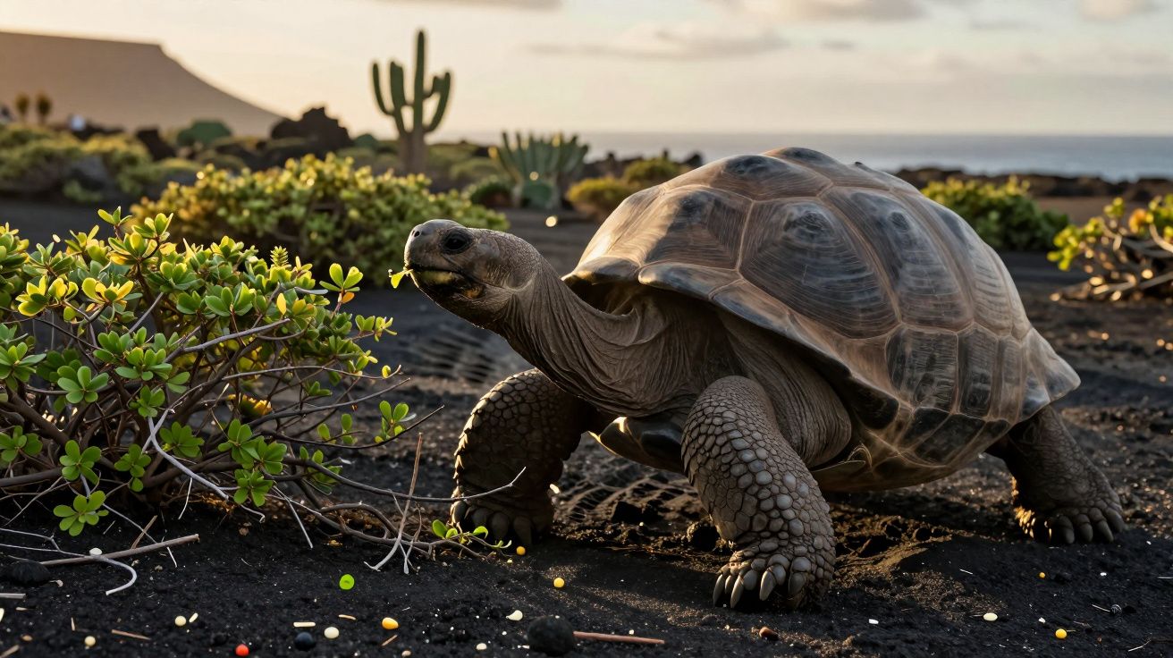 Galapagos-Schildkröte auf vulkanischem Boden mit grünen Pflanzen und Kakteen im Hintergrund bei Sonnenuntergang.