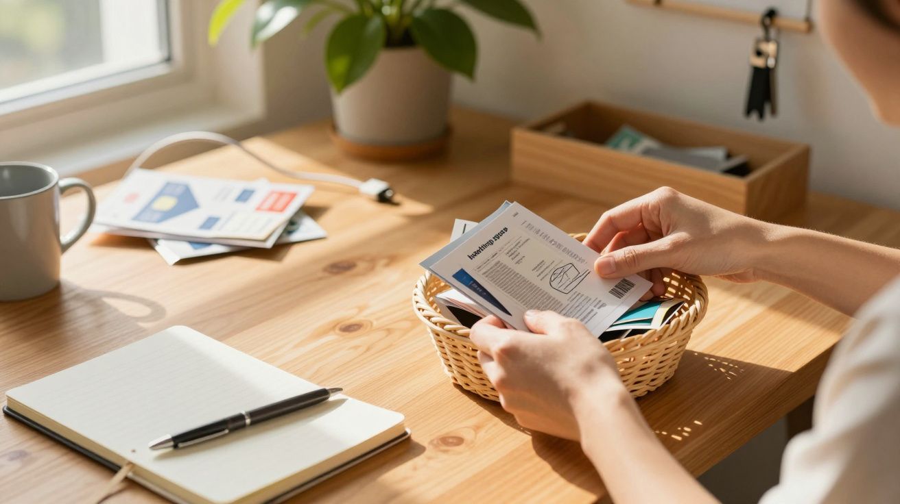 Person sortiert Papiere in einem Korb auf einem Schreibtisch mit Notizbuch, Stift, Pflanzen und Lichteinfall.