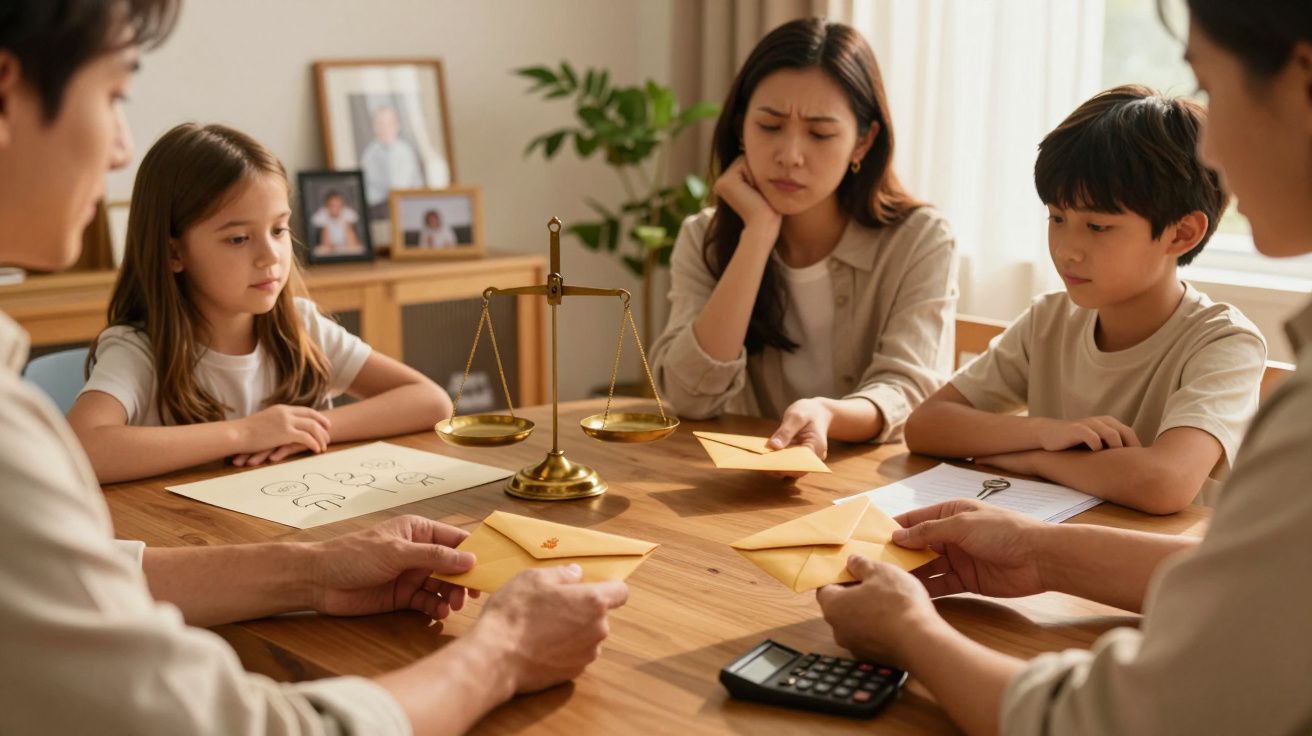 Familie am Tisch mit Waage in der Mitte, hält Umschläge, bespricht Dokumente; Kinder und Eltern nachdenklich.