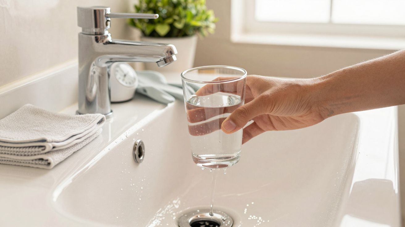 Hand hält Glas mit Wasser über Waschbecken, Wasserhahn und Handtücher im Hintergrund.