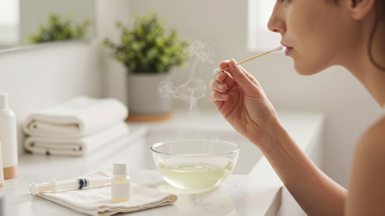 Frau inhaliert Dampf über eine Glasschüssel in einem Badezimmer, umgeben von Pflegeartikeln und Handtüchern.