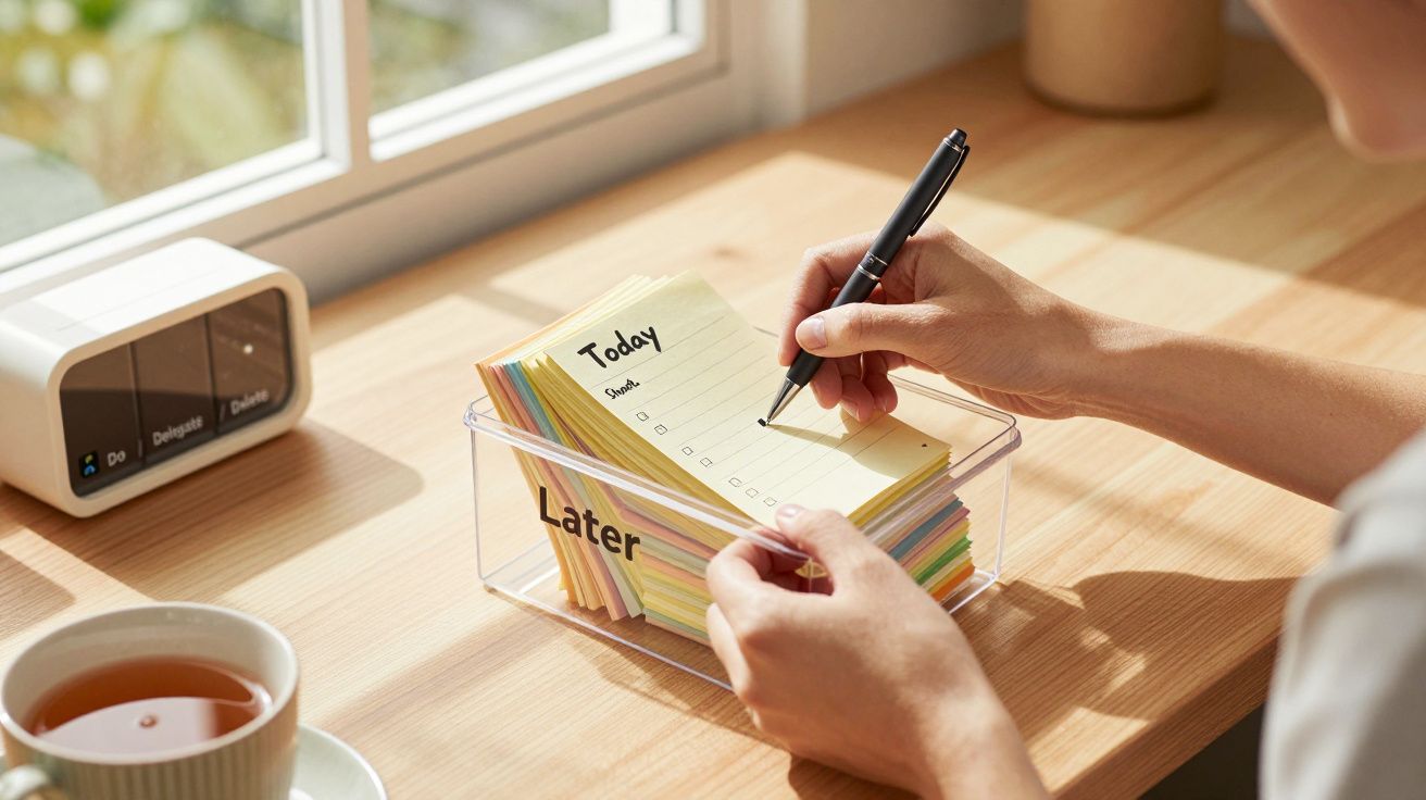 Person schreibt mit Stift auf Notizblock „Today“, neben einer Tasse Tee und einer Uhr auf einem Holztisch.