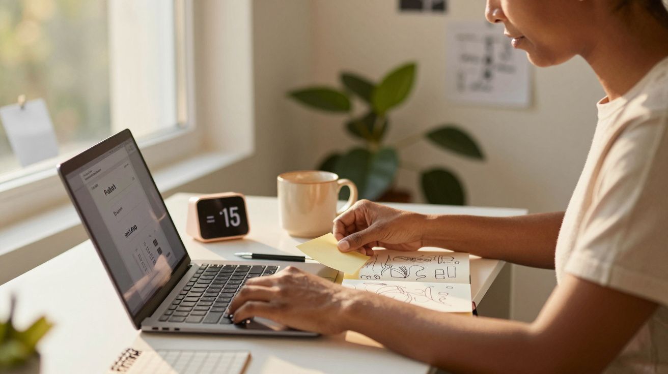 Person arbeitet am Laptop am Schreibtisch, Notizbuch und Tasse daneben, mit grüner Pflanze im Hintergrund.