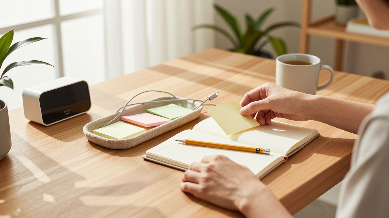 Person an einem Schreibtisch schreibt in ein Notizbuch, umgeben von Haftnotizen, Stift, Tasse und Pflanze.
