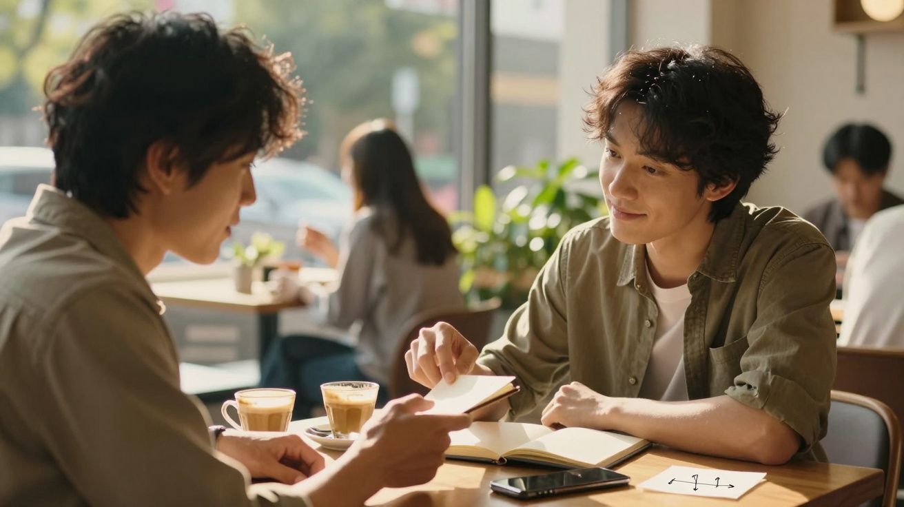 Zwei Personen in einem Café, vertieft in ein Gespräch bei Kaffee, Notizbuch und Smartphone auf dem Tisch.