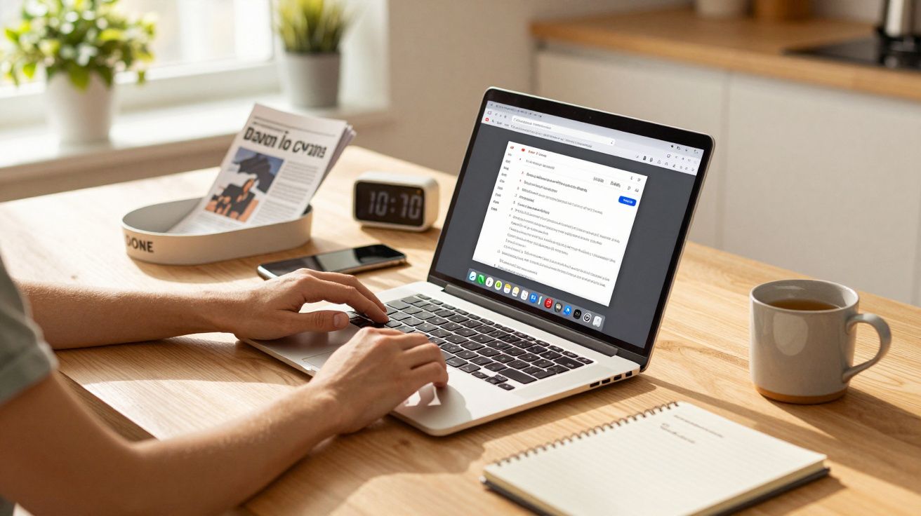 Person arbeitet am Laptop, umgeben von Notizbuch, Kaffeetasse und digitaler Uhr auf einem hellen Holztisch.