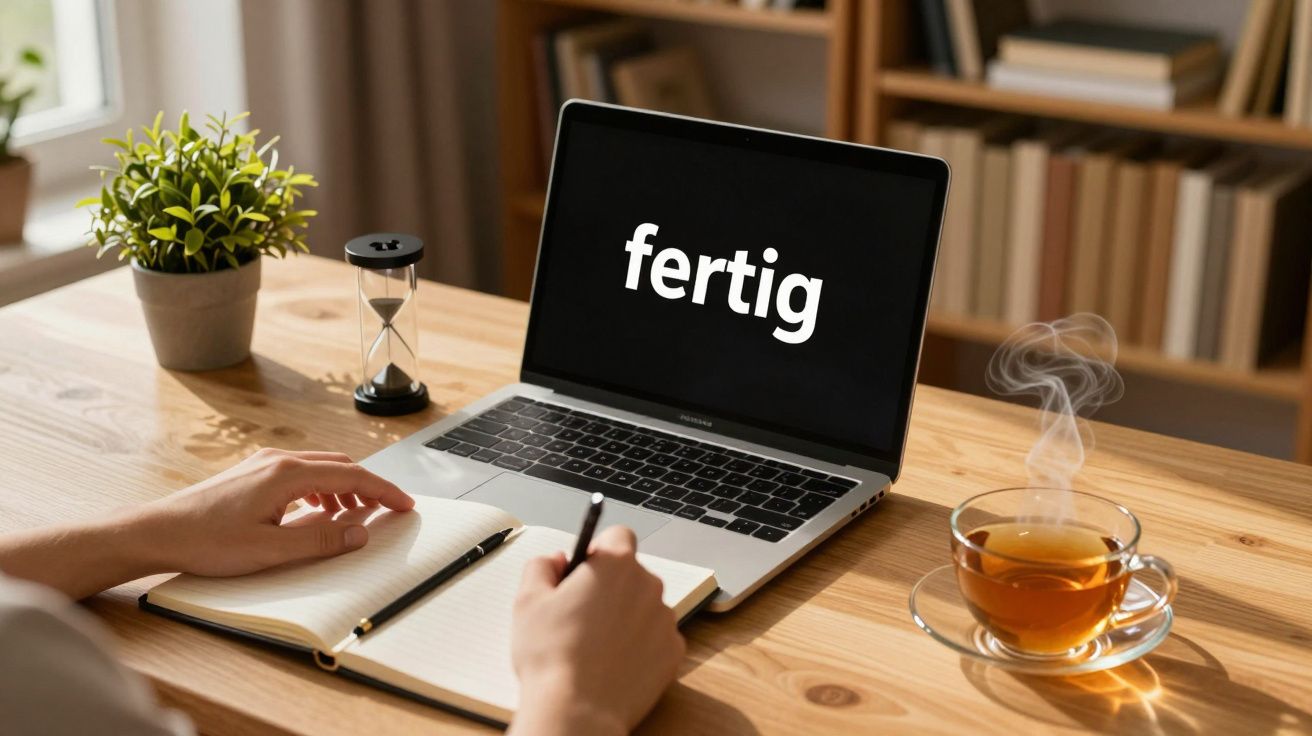 Person schreibt in ein Notizbuch vor einem Laptop mit „fertig“ auf dem Bildschirm, Tee und Sanduhr daneben.