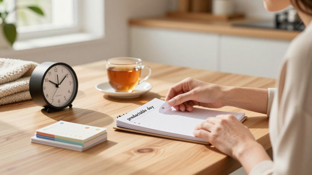 Person am Tisch mit Planer, Tasse Tee und Uhr.