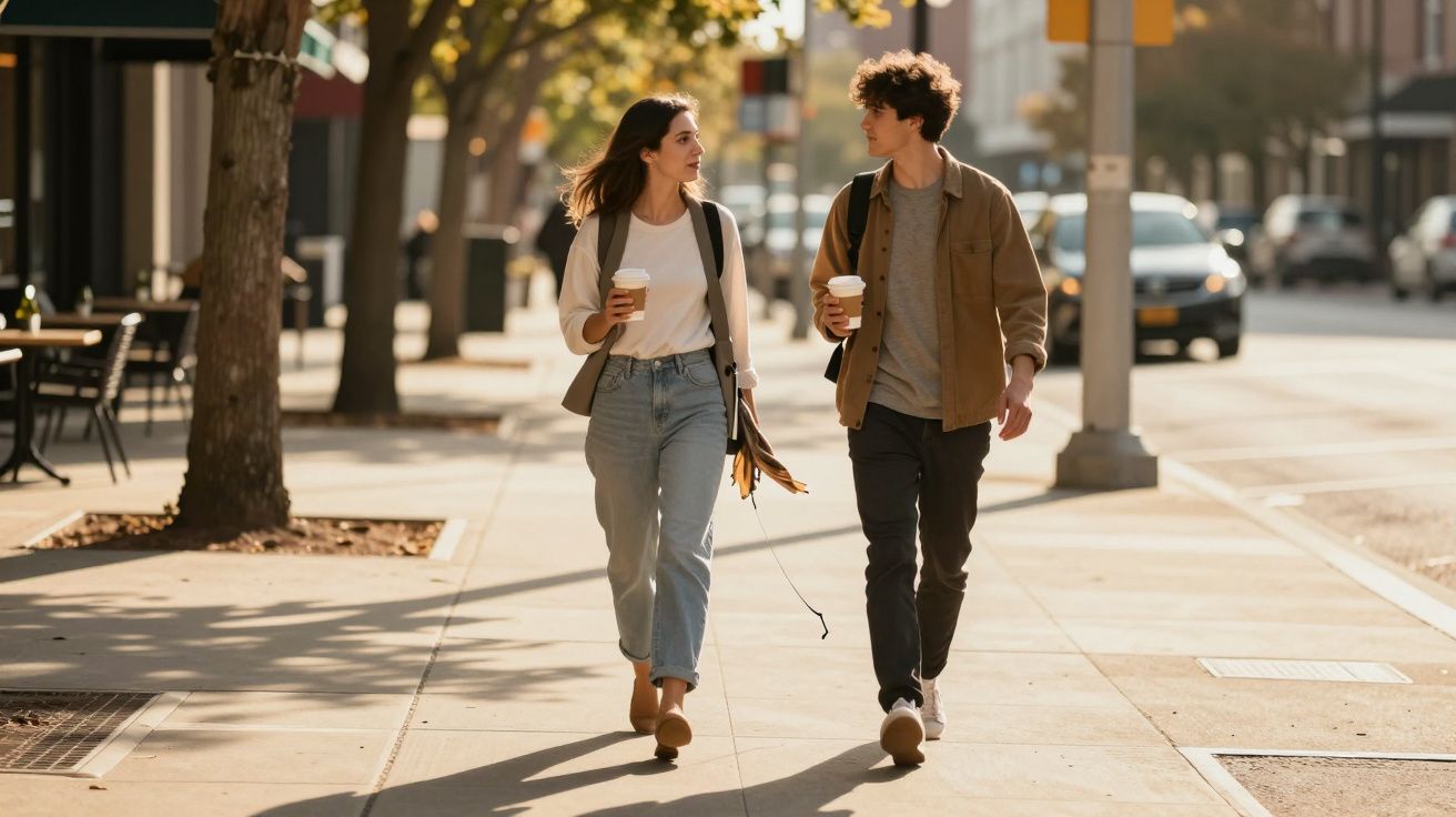 Zwei junge Erwachsene spazieren bei sonnigem Wetter mit Kaffeebechern auf einem Gehsteig in einer Stadt.