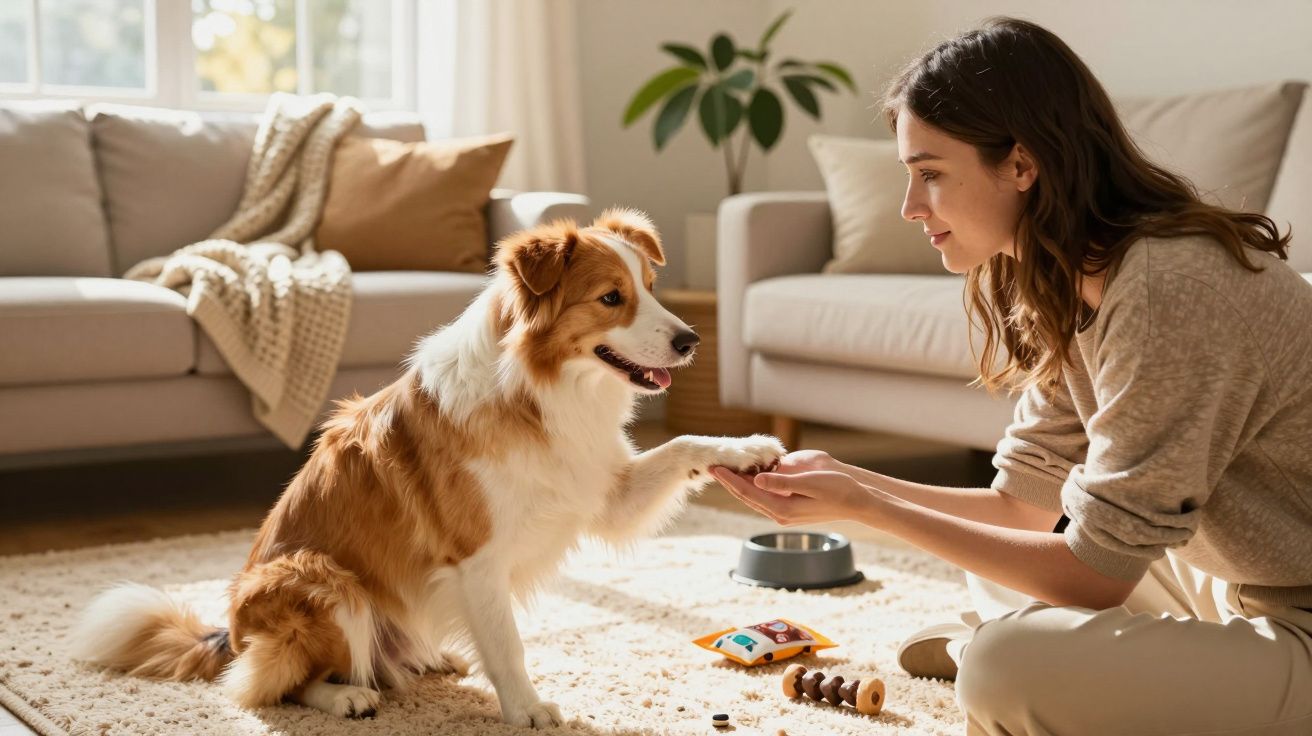 Frau gibt ihrem Hund in einem gemütlichen Wohnzimmer ein Leckerli und hält seine Pfote.