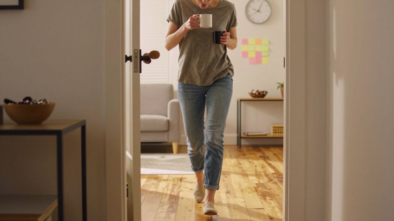 Person in gemütlicher Kleidung trinkt Kaffee, geht durch helles Wohnzimmer mit Holzboden, Sofa und Wanduhr im Hintergrund.