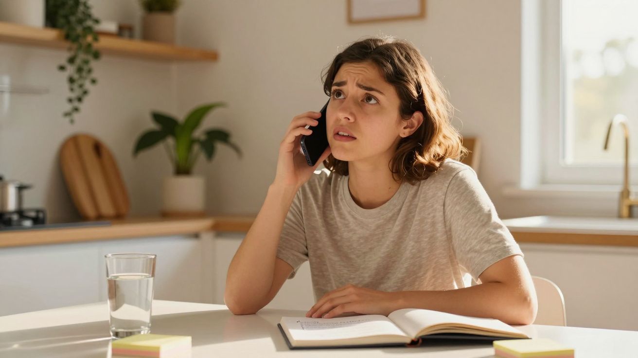 Frau am Tisch telefoniert, wirkt nachdenklich, Blick nach oben, vor offenem Notizbuch und Glas Wasser in heller Küche.