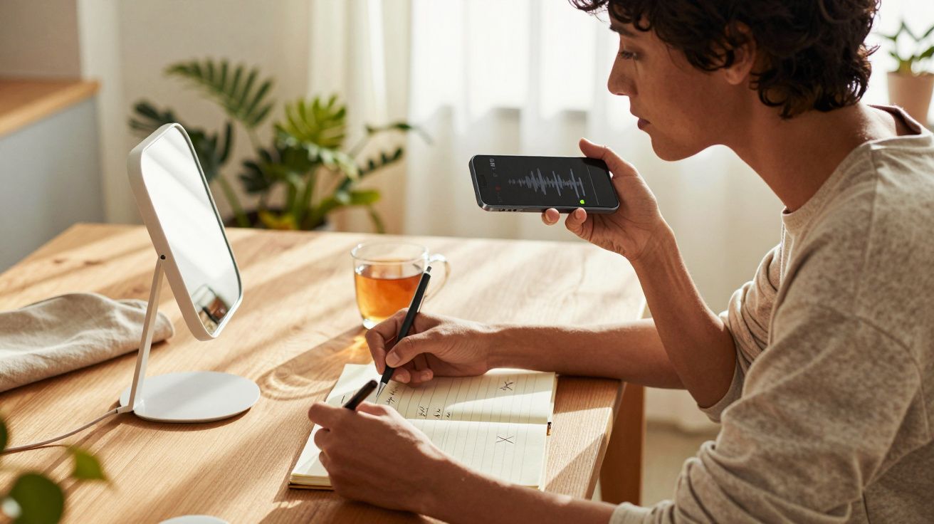 Person am Tisch mit Notizbuch, hält Smartphone mit Sprachanzeige, schreibt Notizen. Pflanzen im Hintergrund.