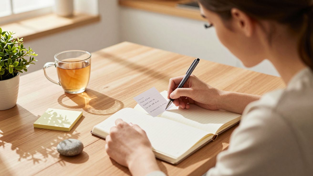 Eine Frau schreibt in ein Notizbuch am Tisch, daneben ein Glas Tee, eine Pflanze und Post-its.