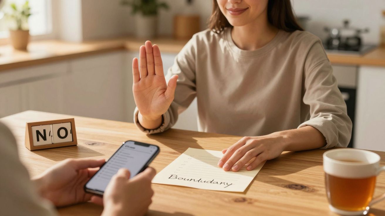 Frau hebt Hand, zeigt "Stopp"-Gestik, vor Zettel mit "Boundary", neben Würfel mit "NO" in Küche.