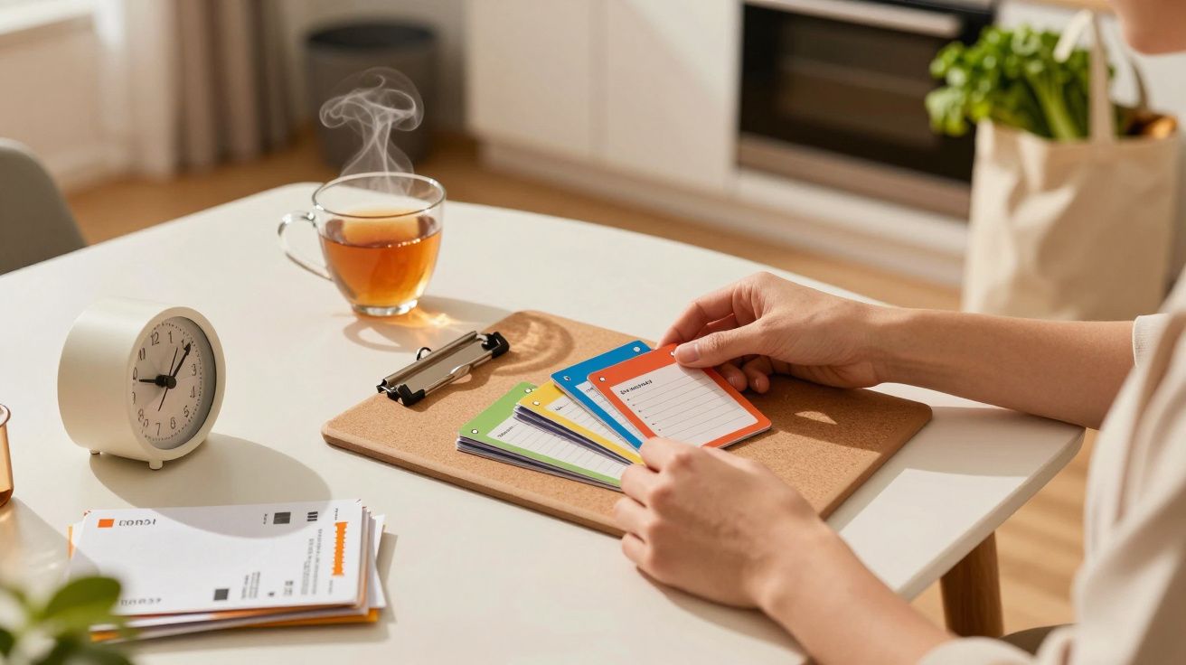 Person hält bunte Planerkarten auf einem Tisch mit Uhr, Tee und Dokumenten in gemütlicher, heller Umgebung.