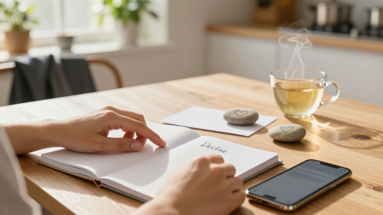 Person schreibt in Notizbuch, daneben Smartphone, Tasse Tee und Deko-Steine auf Holztisch.