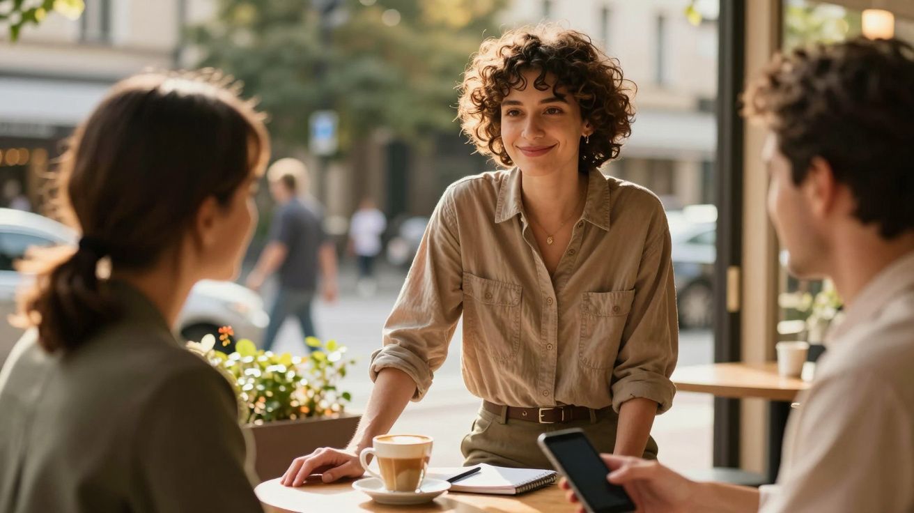 Drei Personen unterhalten sich in einem Café, eine Frau steht lächelnd an einem Tisch mit Kaffeetasse und Notizbuch.