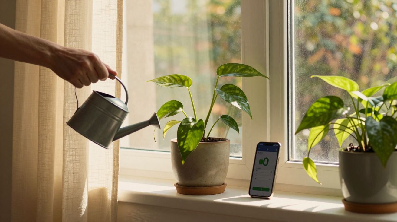 Eine Hand gießt Pflanzen am Fensterbrett; daneben steht ein Smartphone.