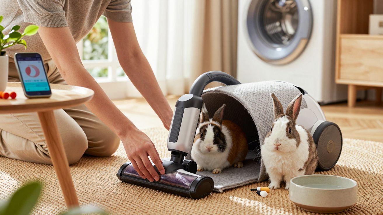 Person saugt Teppich neben zwei Kaninchen. Im Hintergrund ein Smartphone auf einem Tisch und eine Waschmaschine.