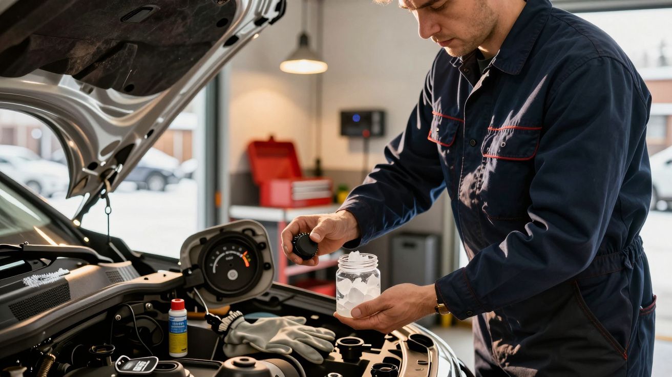 Mechaniker in Arbeitskleidung überprüft Flüssigkeit unter der Motorhaube eines Autos in einer Werkstatt.