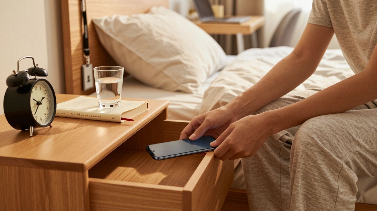 Person legt Smartphone in Holz-Nachttischlade, daneben Wecker, Glas Wasser und Buch auf dem Nachttisch.