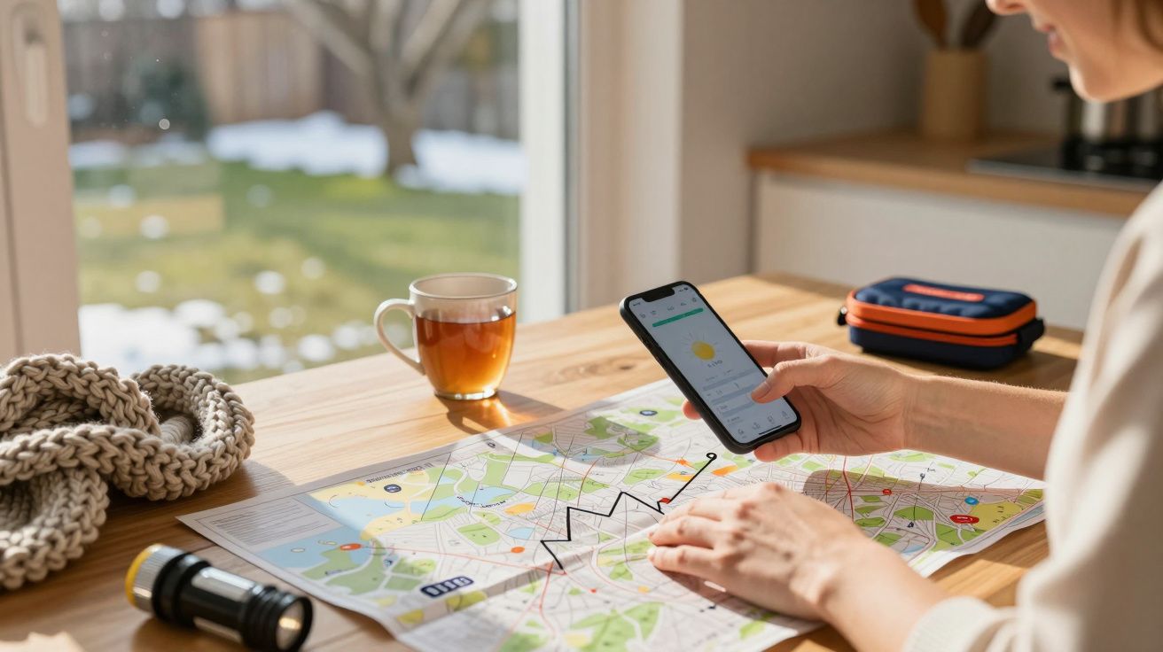 Person plant eine Reise mit Karte und Smartphone, Tasse Tee und Strickware auf dem Tisch, sonniger Tag im Hintergrund.