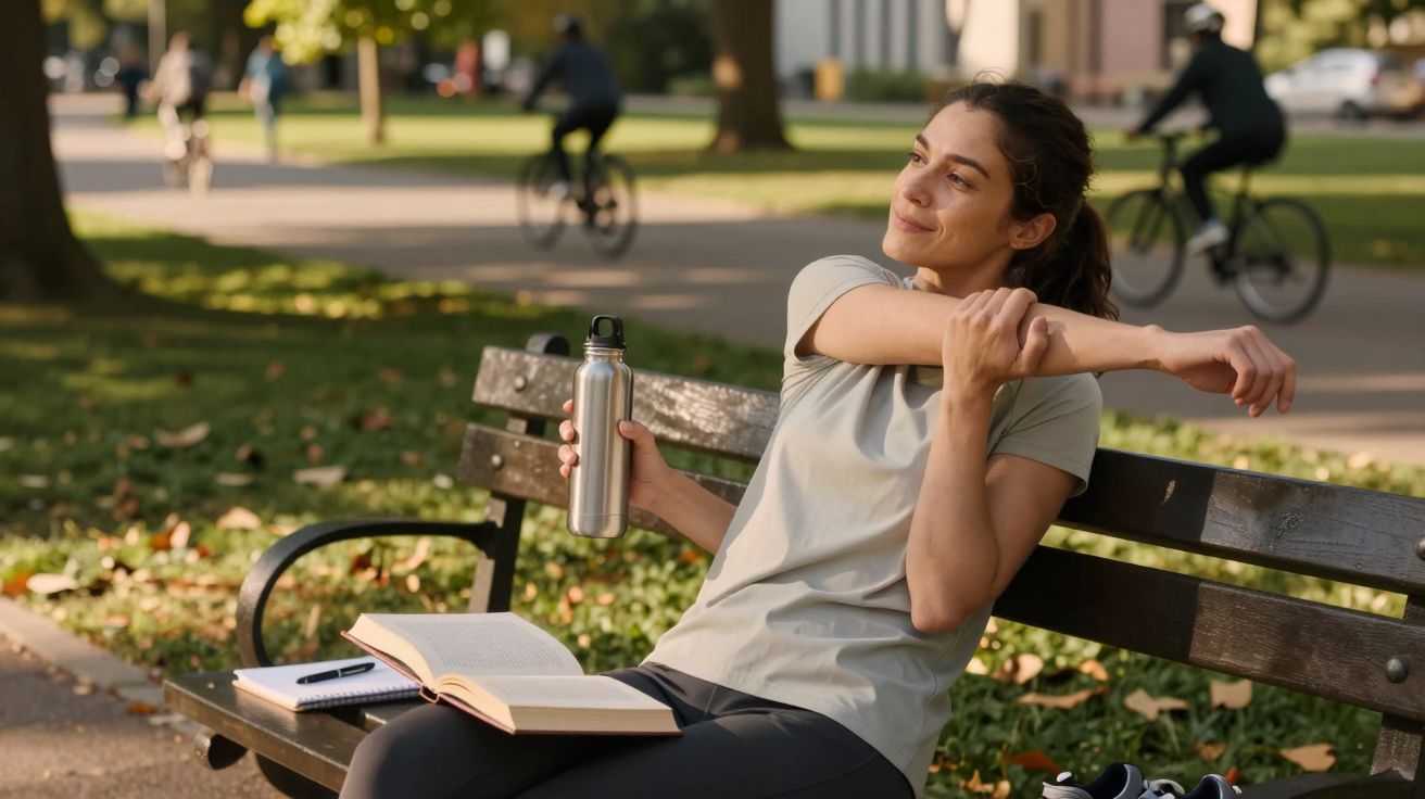 Frau dehnt sich auf einer Parkbank mit einem offenen Buch und einer Wasserflasche, während Radfahrer im Hintergrund vorbeifah
