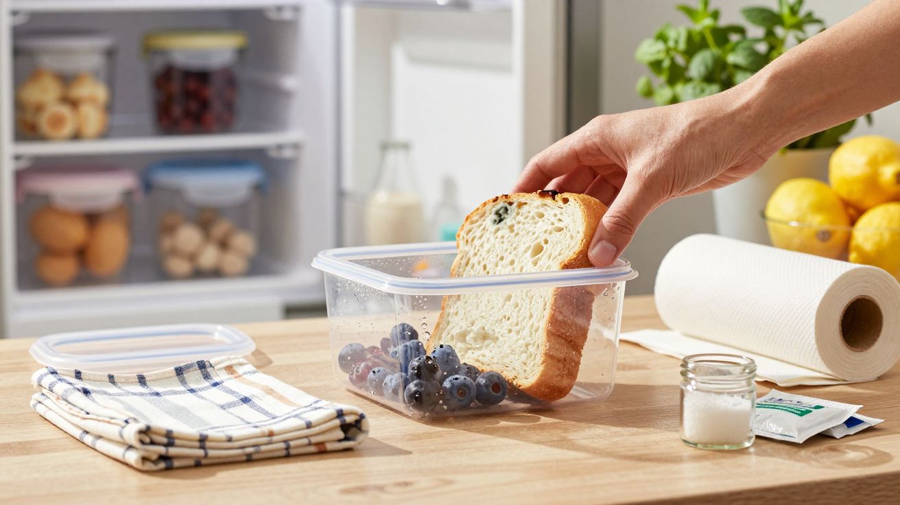Eine Hand legt Brot in einen Plastikbehälter mit Heidelbeeren auf einem Küchentisch, Kühlschrank im Hintergrund.