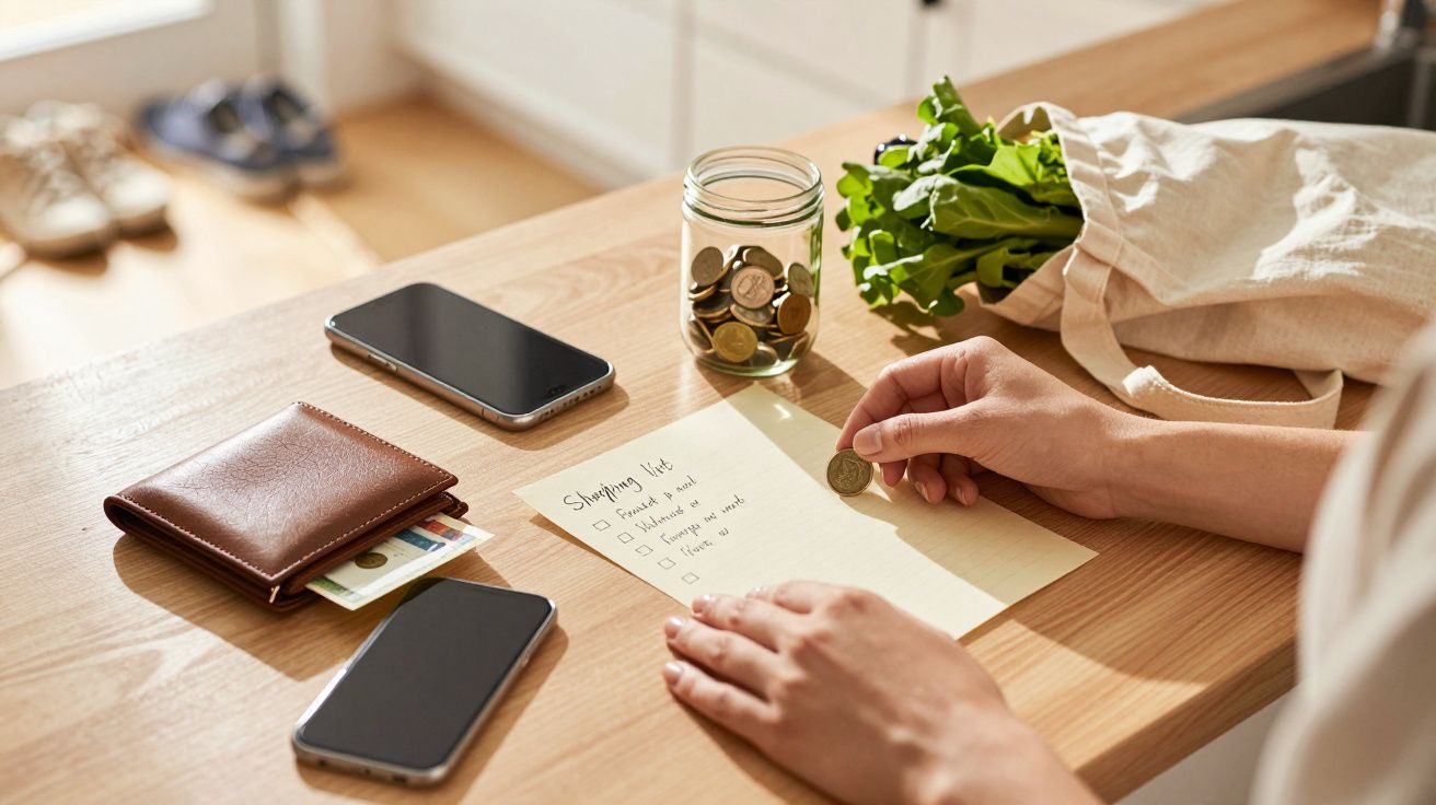 Person schreibt Einkaufsliste, Münzglas, Brieftasche und Handy auf Tisch, Stofftasche mit Gemüse daneben.