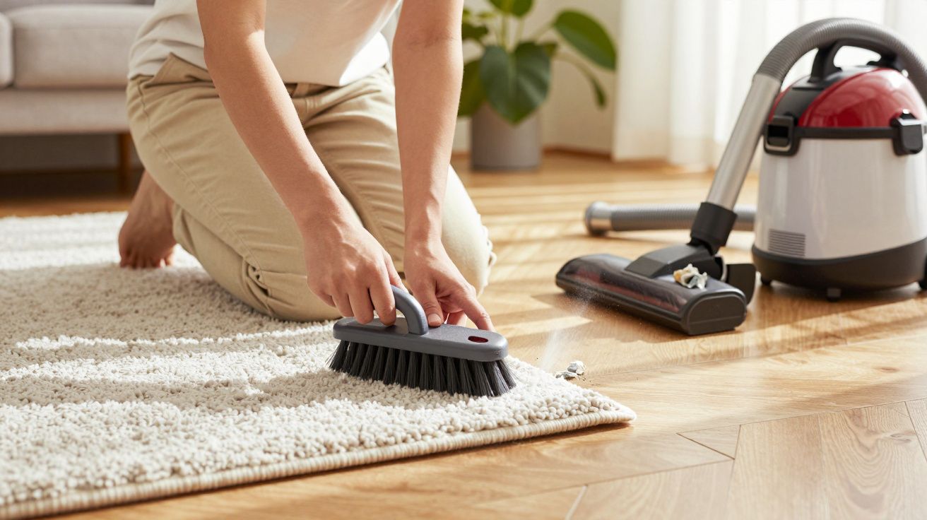 Person reinigt Teppichboden mit Bürste, Staubsauger im Hintergrund, auf Holzboden im hellen Raum.