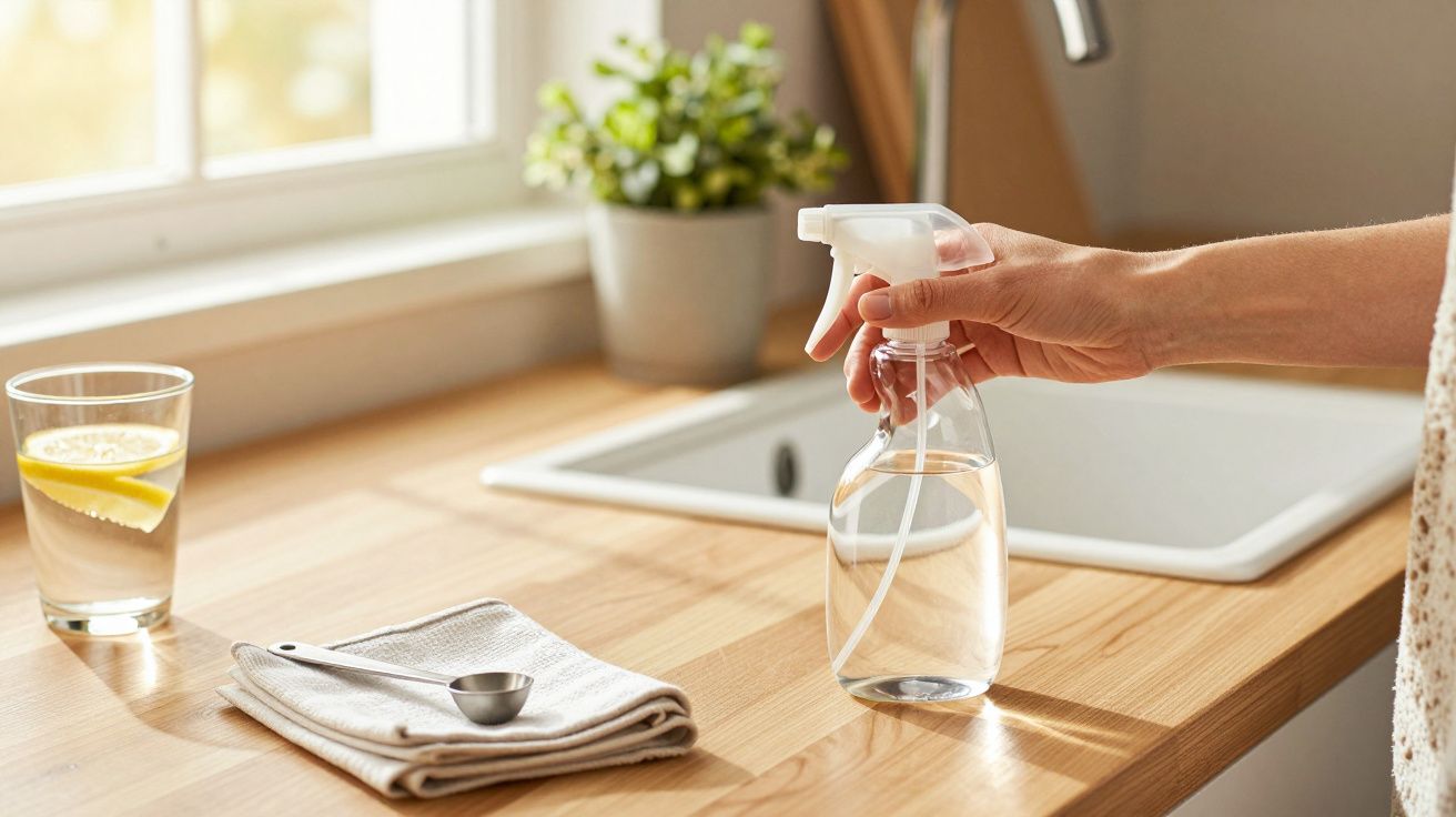 Hand hält Sprühflasche in Küche; daneben Glas mit Zitrone, Geschirrtuch und Löffel. Im Hintergrund Spüle und Pflanze.
