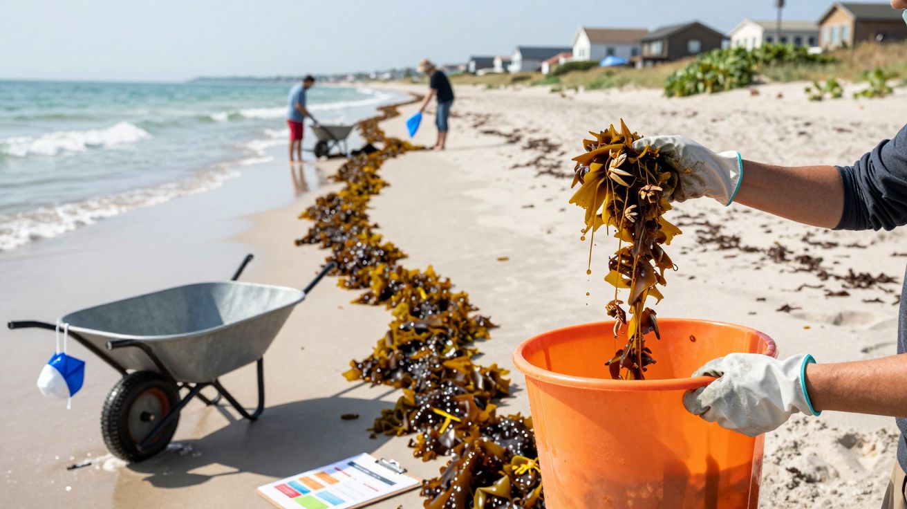 Personen sammeln Algen am Strand, mit Schubkarren und Eimer, Häuser im Hintergrund.
