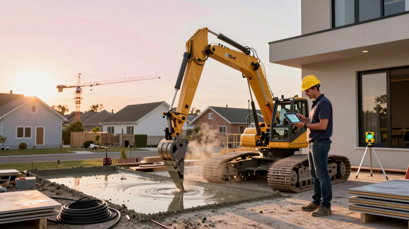 Bauarbeiter mit Tablet steuert Bagger beim Fundamentsgiessen vor einem modernen Haus bei Sonnenuntergang.