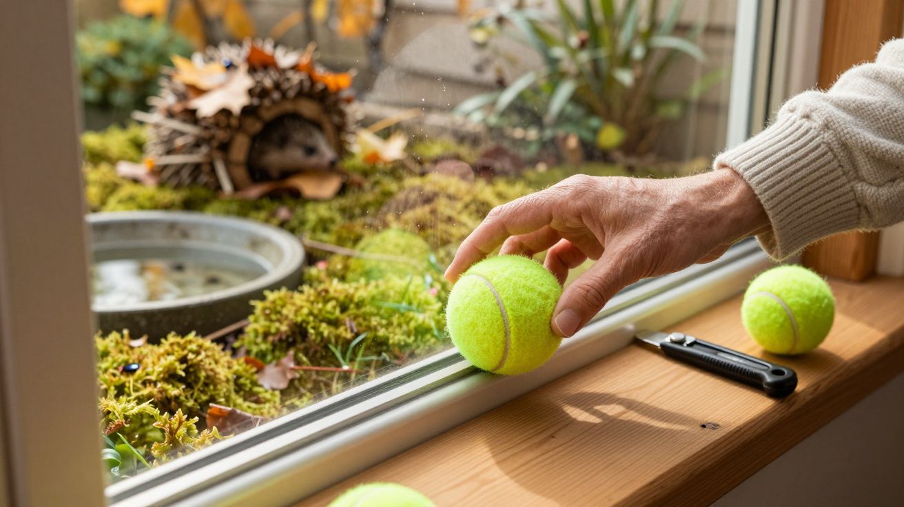 Hand platziert Tennisbälle vor einem Fenster, Igel im Hintergrund auf Moos im Garten.