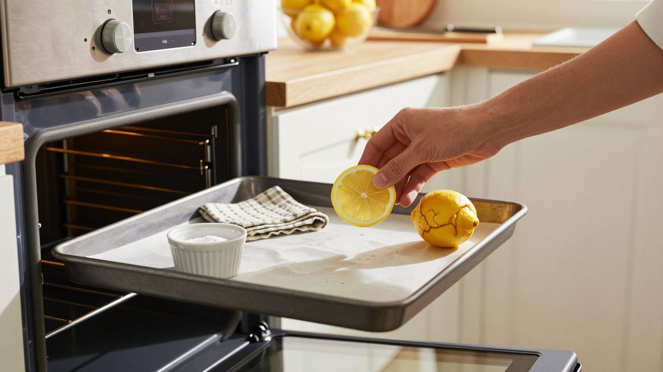 Hand legt Zitrone auf ein Backblech vor einem Ofen, neben einer Schale und einem Küchentuch in einer hellen Küche.