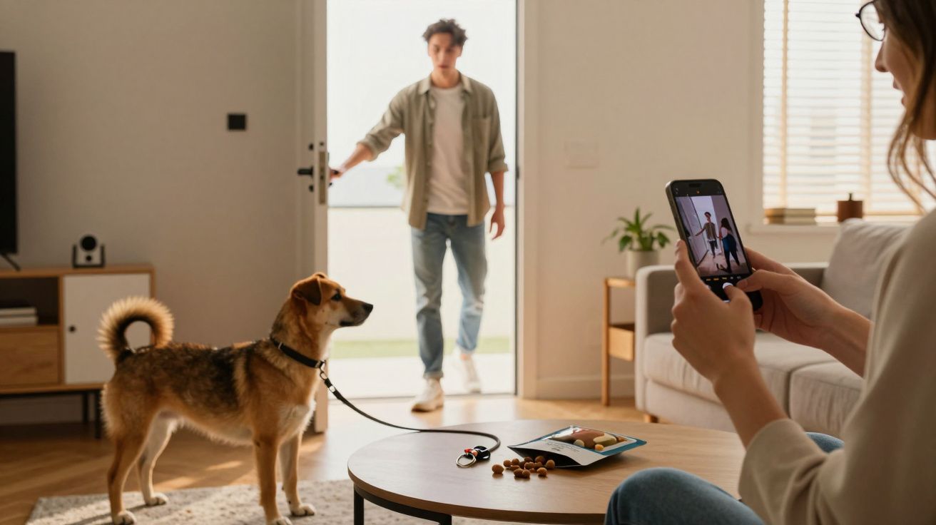 Person betritt Wohnung, Hund aufgeregt, jemand sitzt auf der Couch, macht ein Foto mit dem Handy.