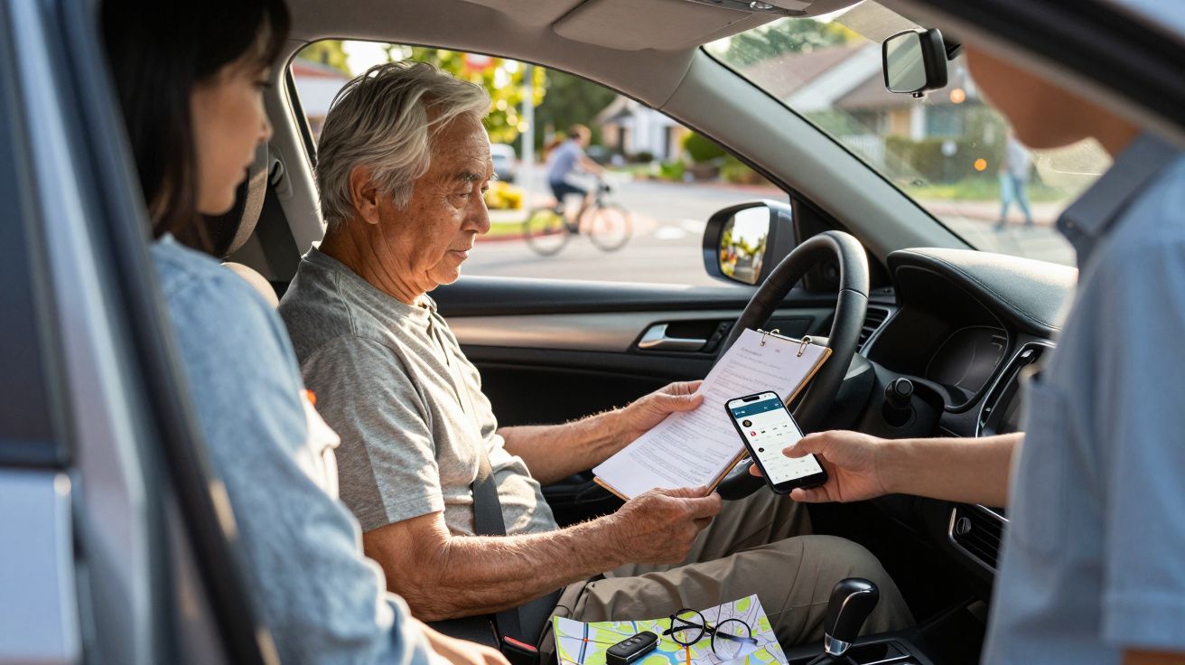 Älterer Mann im Auto überprüft Papiere, während eine Person ihm ein Handy zeigt; andere Person auf dem Rücksitz.