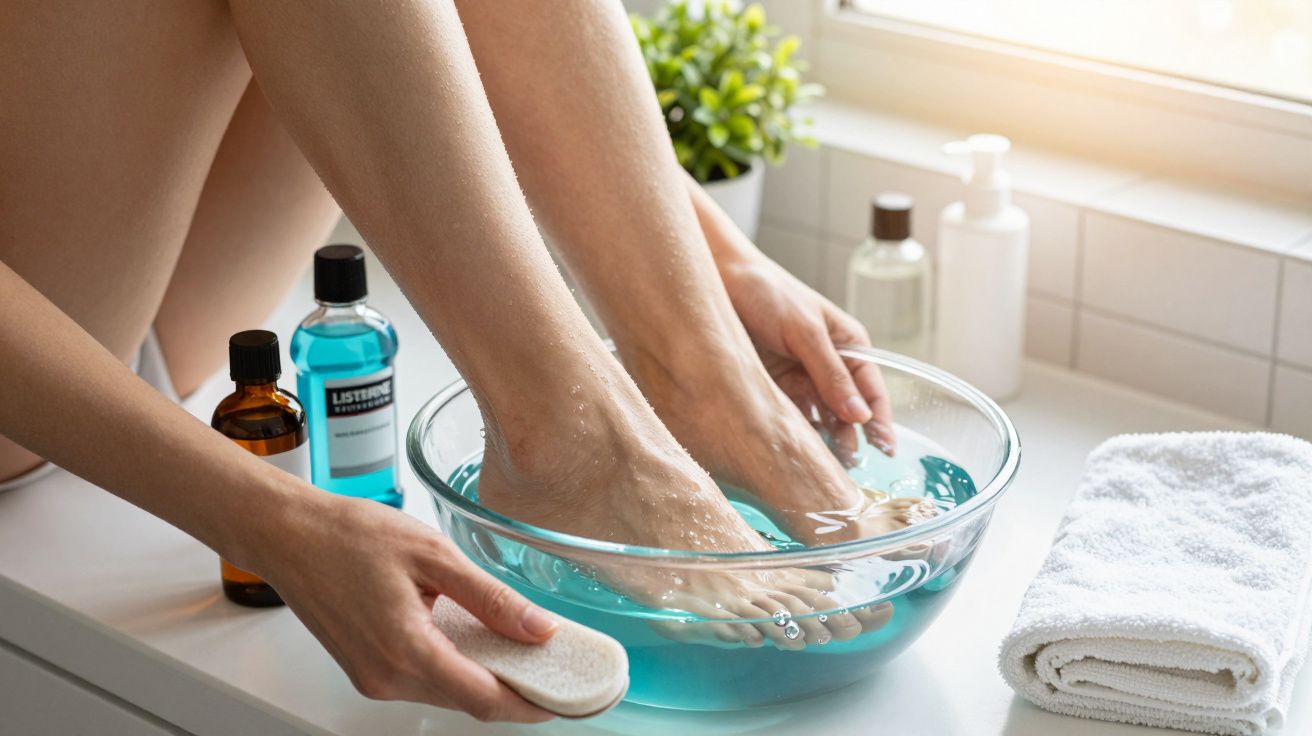 Frau genießt Fußbad in Glasschüssel mit blauem Wasser, greift nach Bimsstein; Pflegeprodukte und Handtuch daneben.