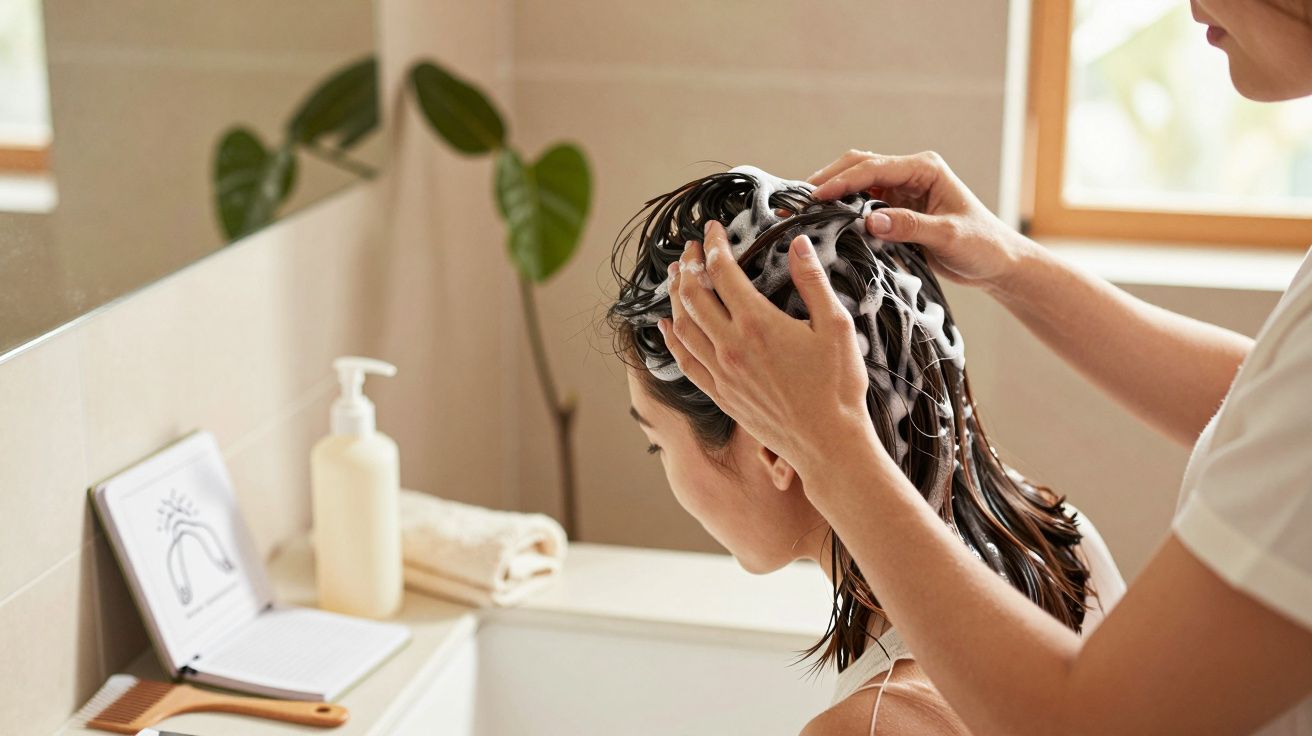 Person wäscht Haare einer anderen Person in Badezimmer, Schaum auf Haaren, Pflanze und Tablet im Hintergrund.