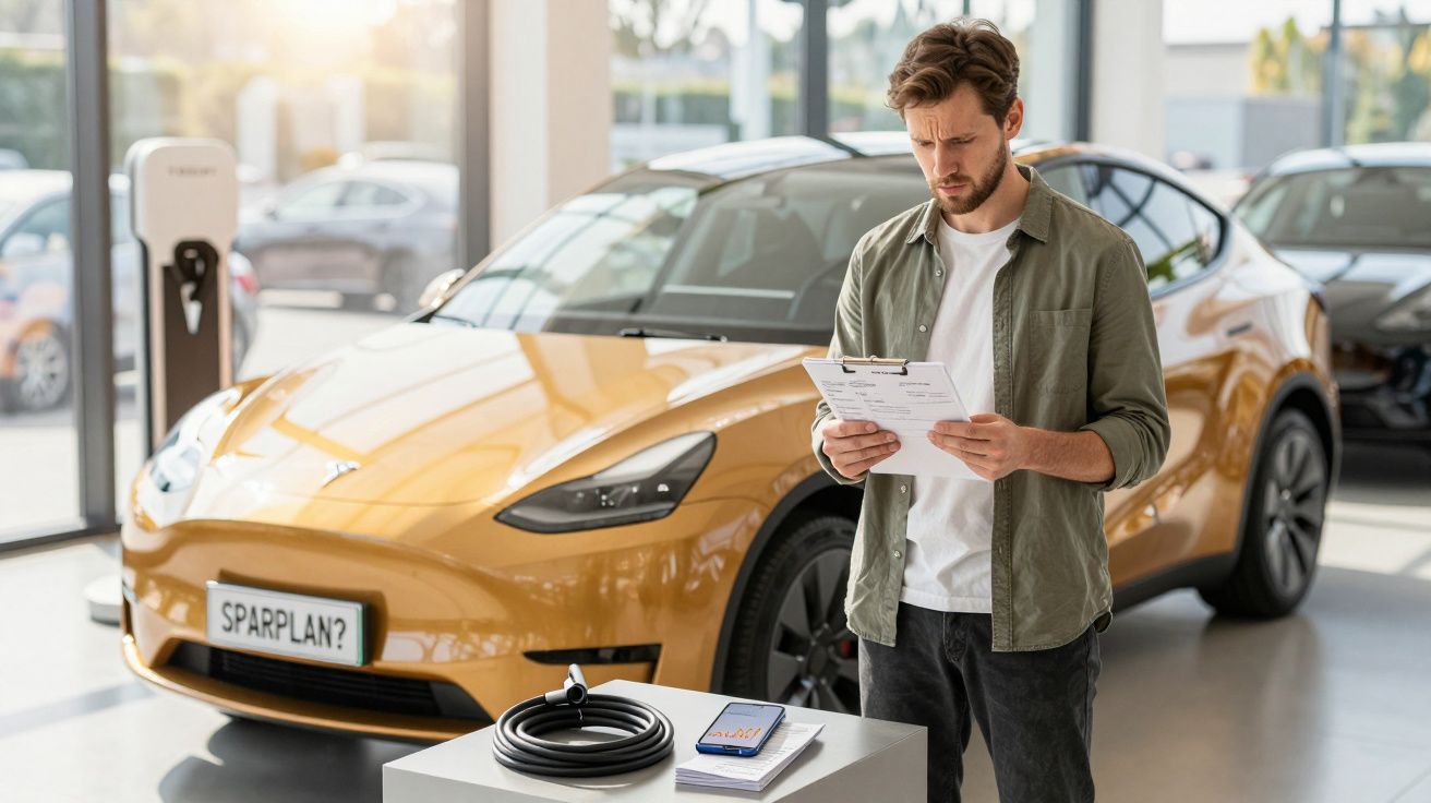 Mann studiert Papiere in einem Autohaus, orangefarbenes Elektroauto im Hintergrund, Ladeset am Tisch vorne.